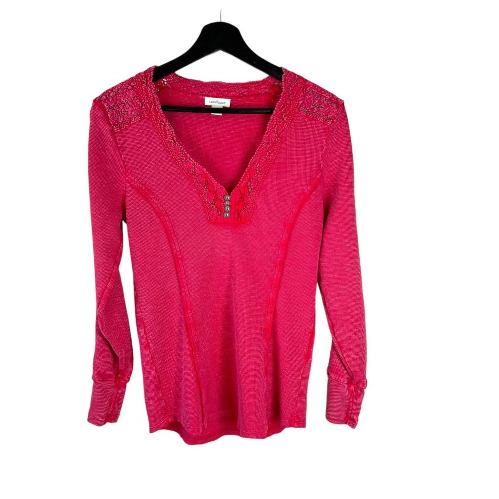 Sundance Calistoga Pink Waffle Knit Henley Long Sleeve Top Medium